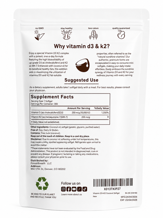 Vitamin D3 and K2 - 10,000 IU + 200 mcg - softgels with coconut oil