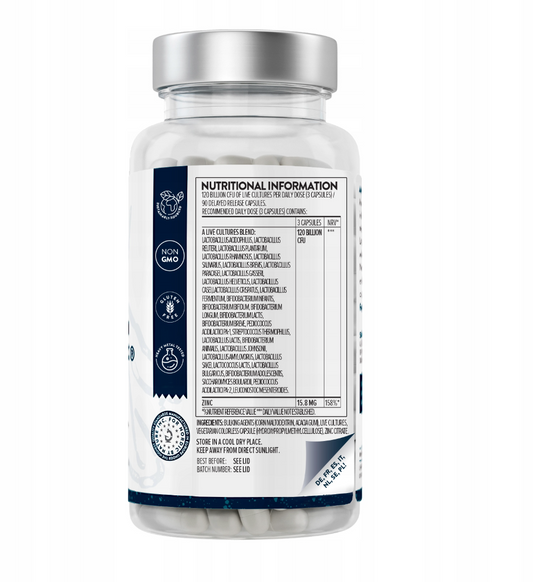AAVALABS Premium Probiolac Complex, Probiotic 30 Strains, 120 Billion CFU, Zinc, 90 Gastro-Resistant Capsules