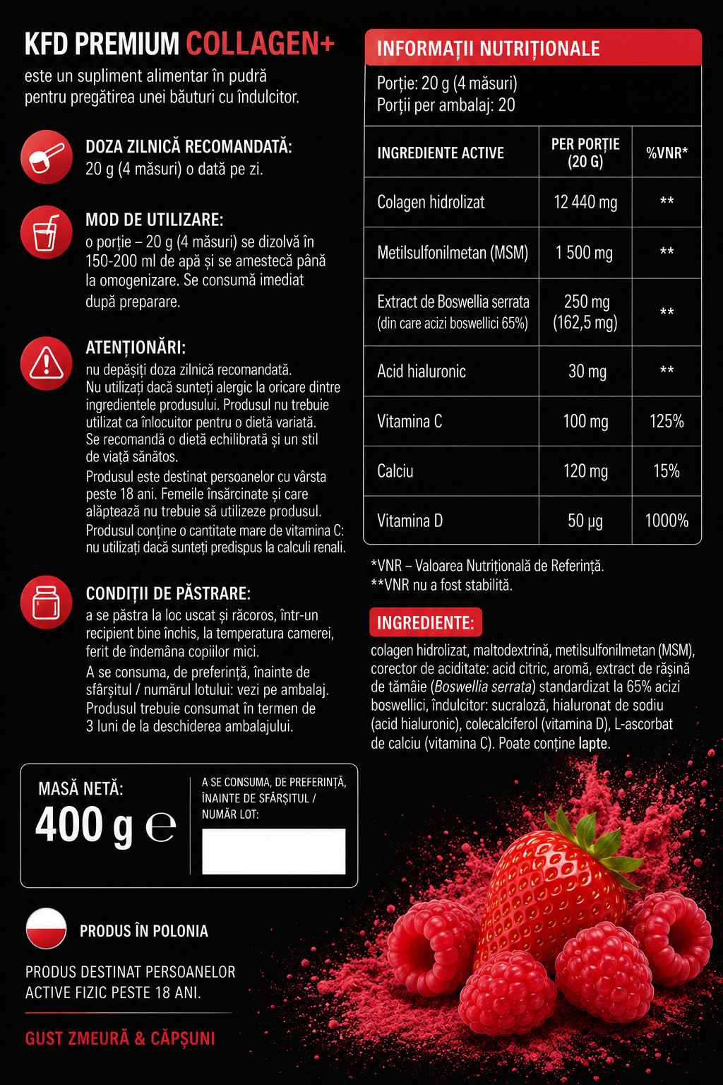 Colagen Hidrolizat cu MSM, Acid Hialuronic și Boswellia Serrata KFD Collagen+ 400g