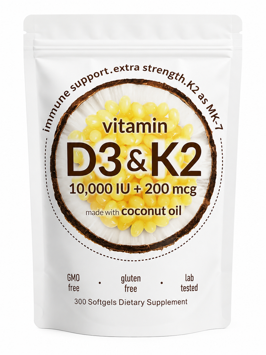 Vitamin D3 and K2 - 10,000 IU + 200 mcg - softgels with coconut oil