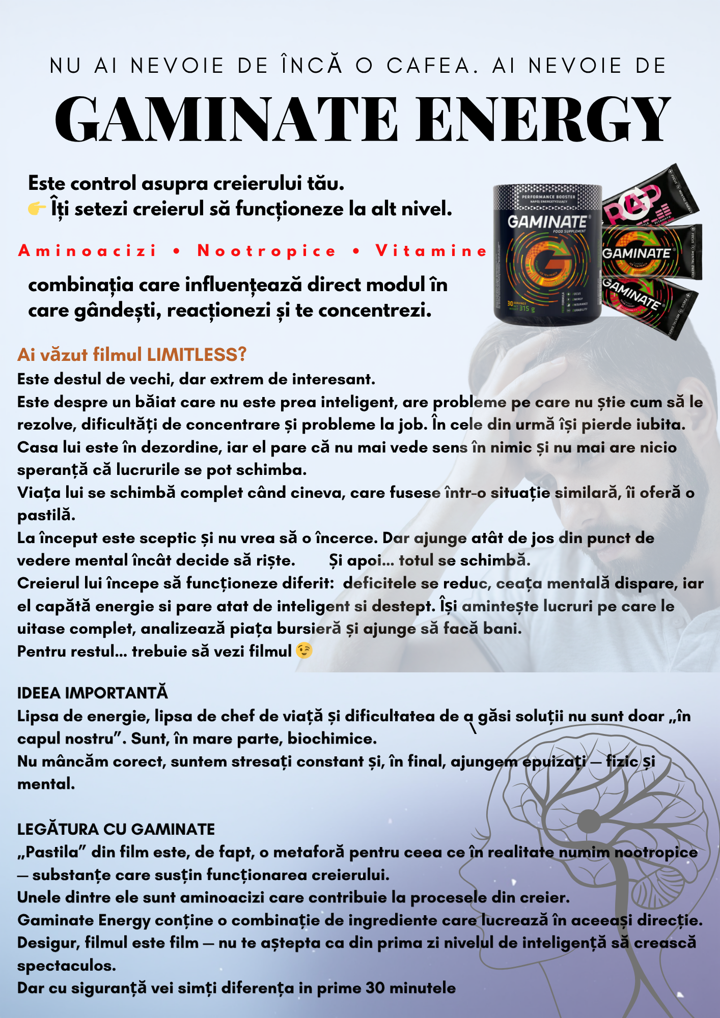 Gaminate Energy – Supliment Energizant pentru creier | Concentrare și energie mentala si fizica| 0% zahăr |