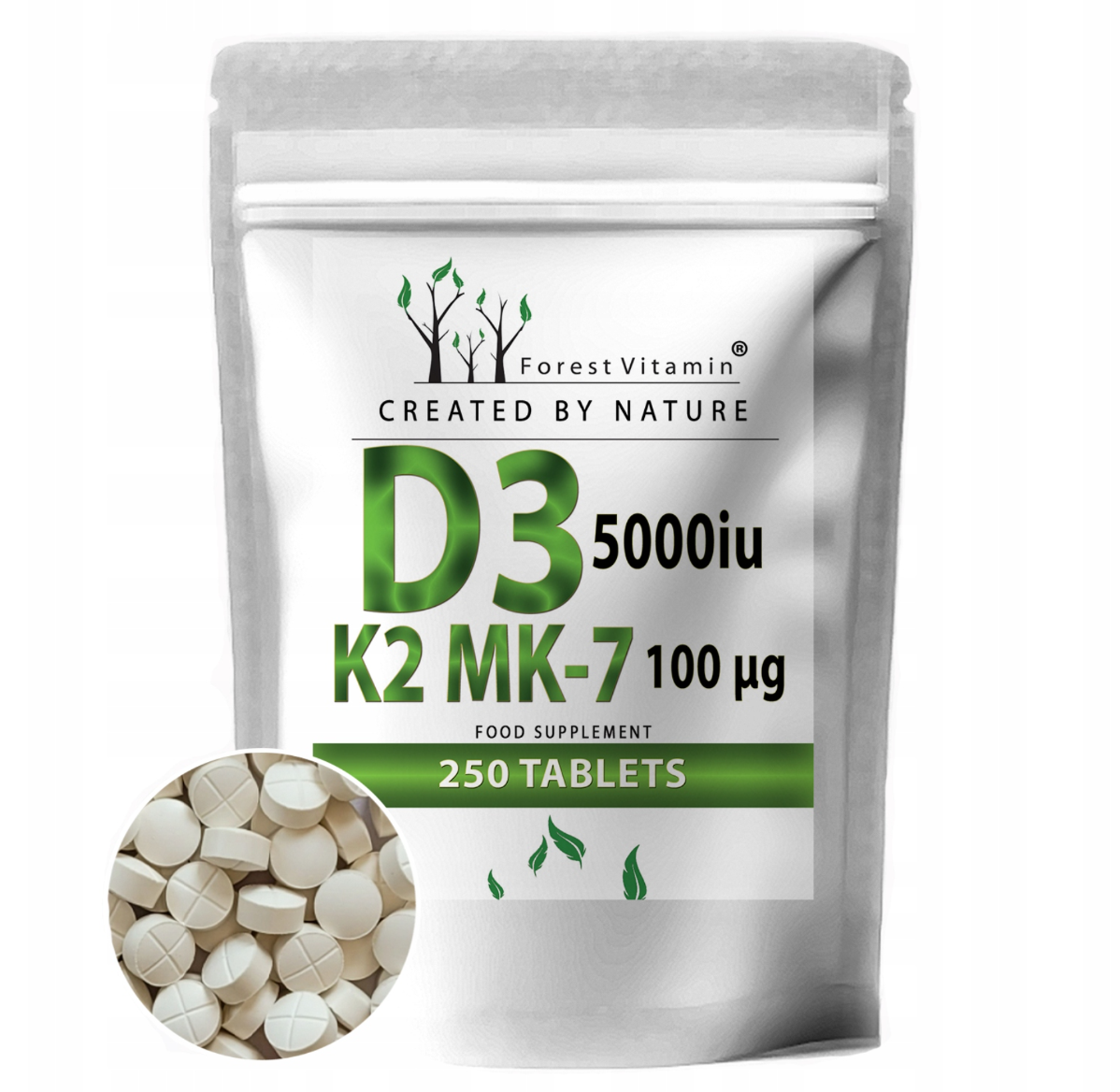 Forest Vitamin D3 5000 IU, K2 MK-7 100mcg, food supplement for strong joints, bones and immunity - 250 tablets