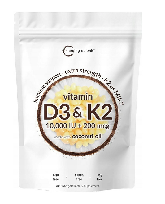 Vitamin D3 and K2 - 10,000 IU + 200 mcg - softgels with coconut oil