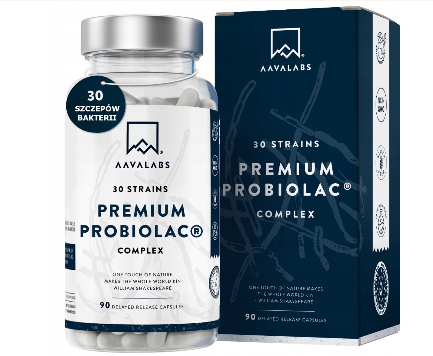 AAVALABS Premium Probiolac Complex, Probiotyk 30 Szczepów, 120 Miliardów CFU, Cynk, 90 Kapsułek Dojelitowych