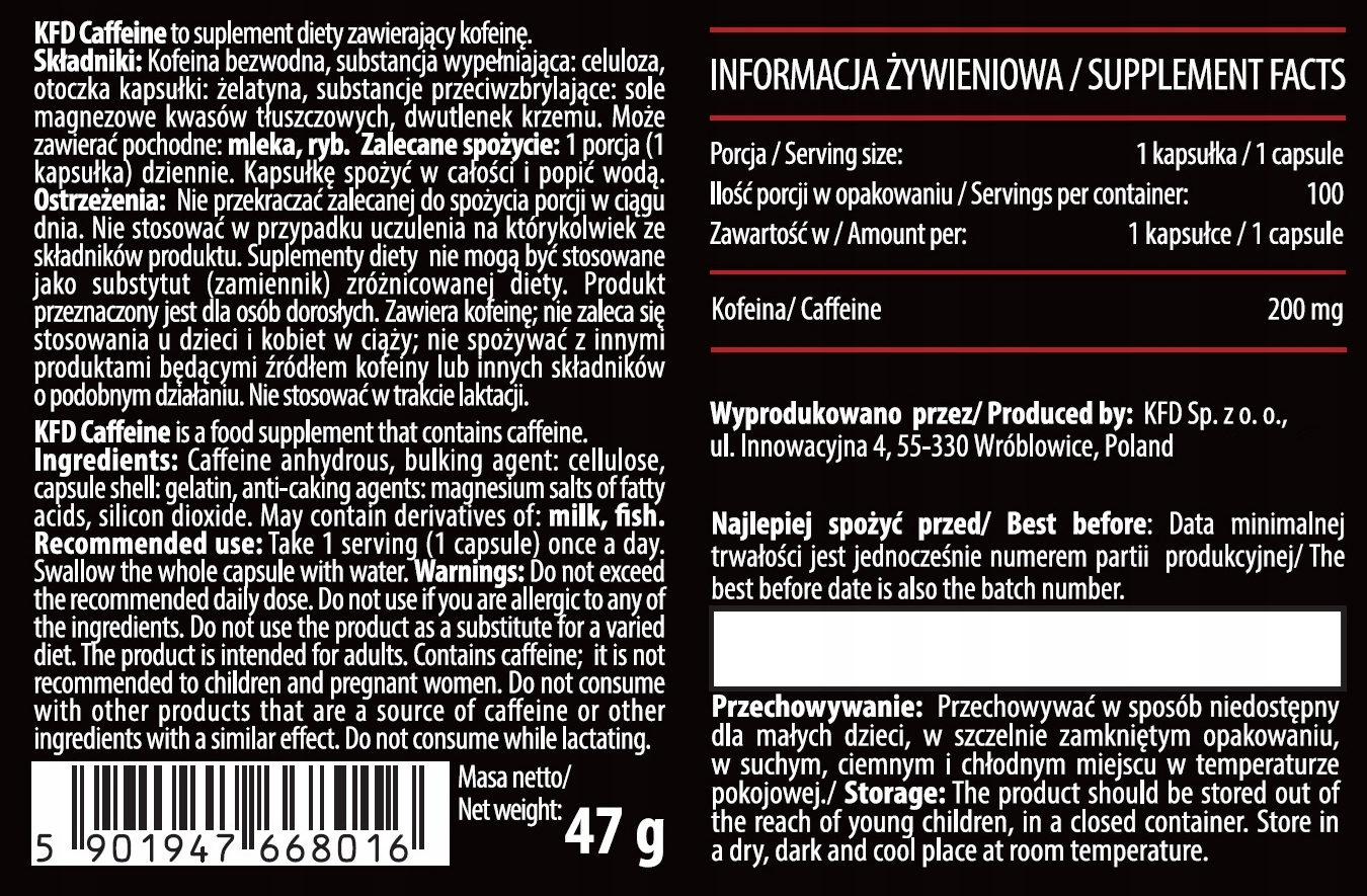 KFD Caffeine 200 mg, 100 capsules - energy, focus, and daily performance