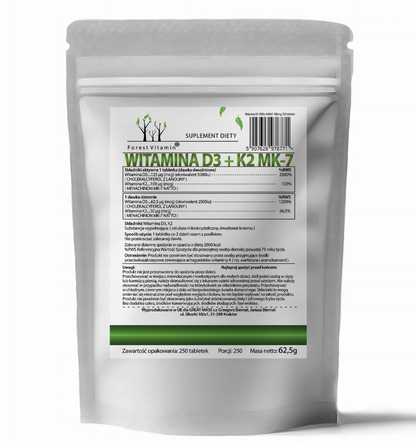 Forest Vitamin D3 5000 IU, K2 MK-7 100mcg, food supplement for strong joints, bones and immunity - 250 tablets