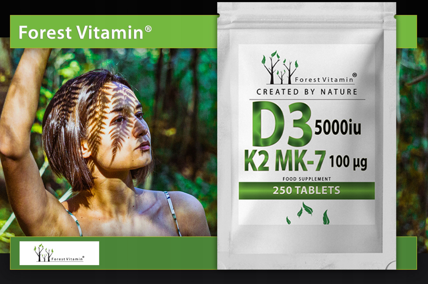 Forest Vitamin D3 5000 IU, K2 MK-7 100mcg, food supplement for strong joints, bones and immunity - 250 tablets