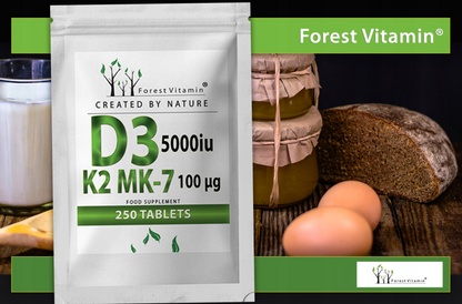Forest Vitamin D3 5000 IU, K2 MK-7 100mcg, food supplement for strong joints, bones and immunity - 250 tablets