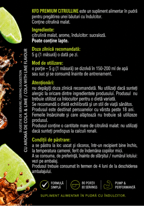 KFD Premium Citrulline 400g – Citrulină Malat 4750 mg Cola & Lime pentru Pump și Energie Pre-Workout