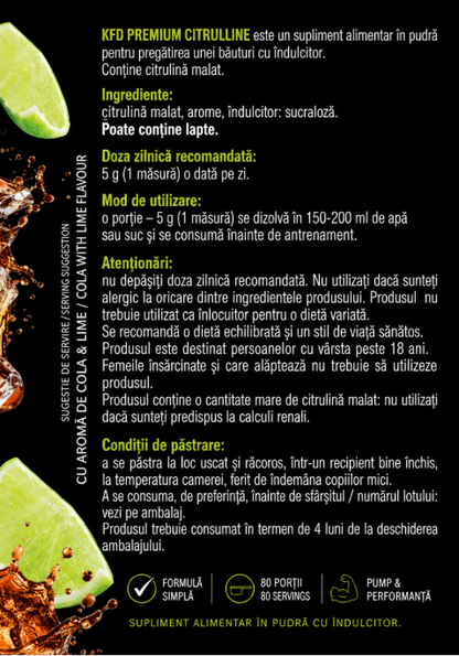 KFD Premium Citrulline 400g – Citrulină Malat 4750 mg Cola & Lime pentru Pump și Energie Pre-Workout