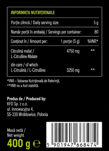 KFD Premium Citrulline 400g – Citrulină Malat 4750 mg Cola & Lime pentru Pump și Energie Pre-Workout