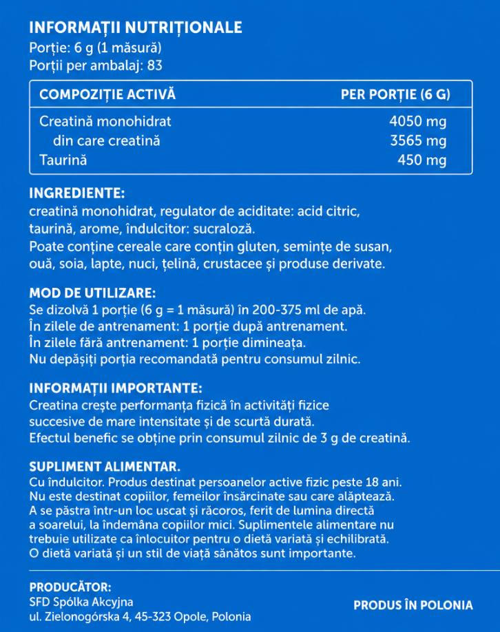 Creatine Monohydrate with Taurine – Energy and Performance for Workouts SFD Creatine 500g