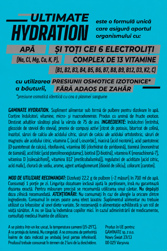 GAMINATE HYDRATION toți 6 electroliți + 13 vitaminele, izotonic de hidratare cu minerale  în concentrații ridicate