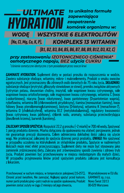 GAMINATE HYDRATION toți 6 electroliți + 13 vitaminele, izotonic de hidratare cu minerale  în concentrații ridicate