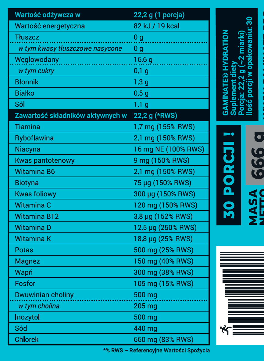 GAMINATE HYDRATION toți 6 electroliți + 13 vitaminele, izotonic de hidratare cu minerale  în concentrații ridicate